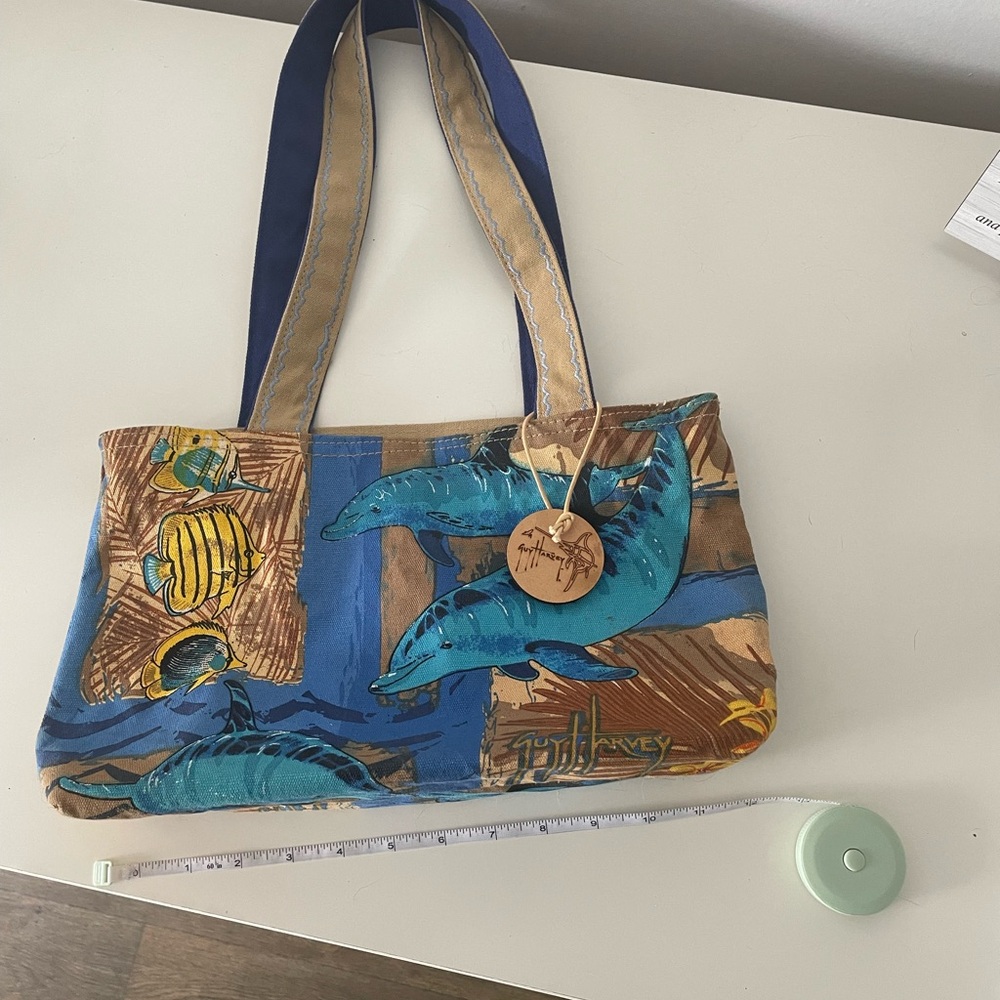 Guy Harvey Blue and Tan Dolphin Tote Bag